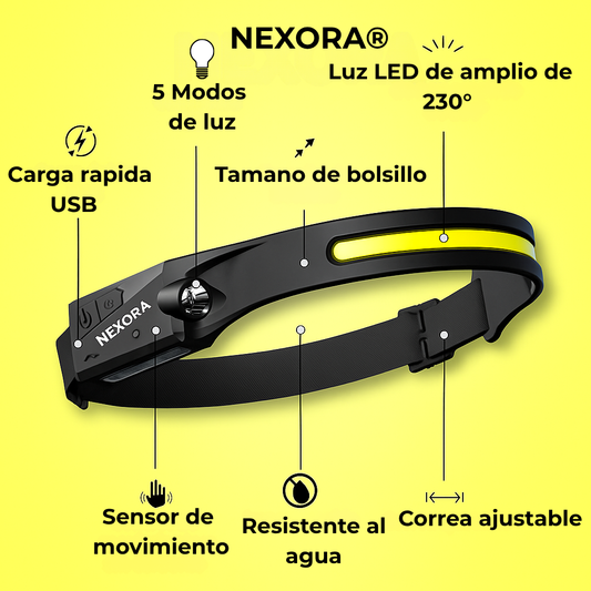 Linterna Frontal LED NEXORA 230°  Manos Libres, Visión Total