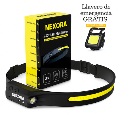 Linterna Frontal LED NEXORA 230°  Manos Libres, Visión Total